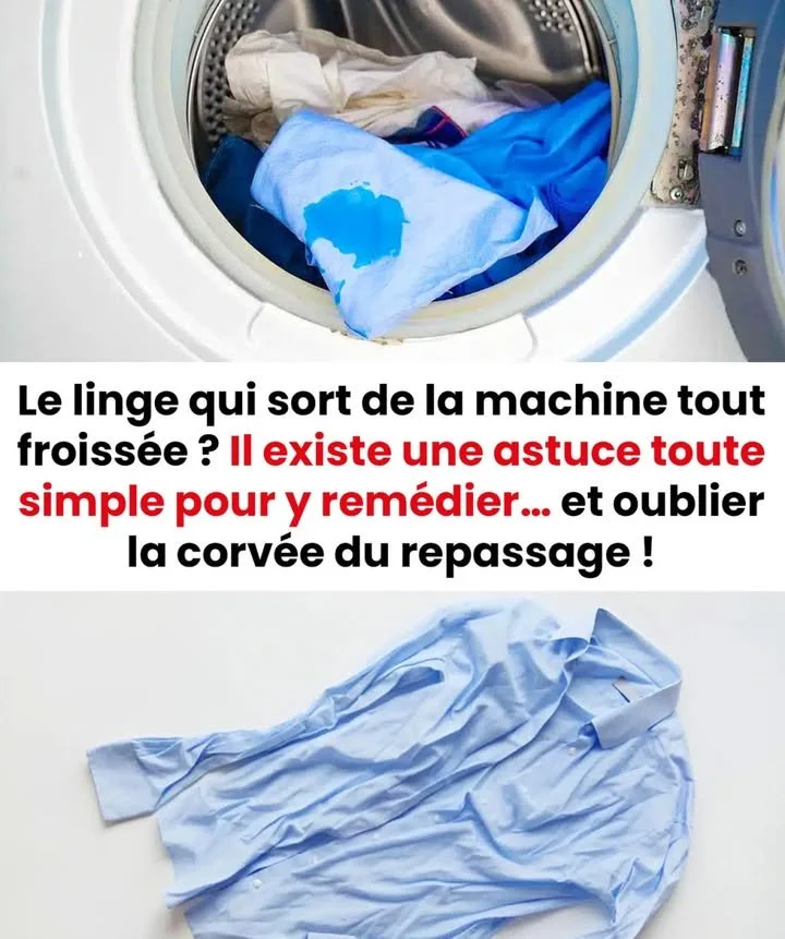 Vêtements froissés sortant de la machine à laver avec des conseils sur le repassage